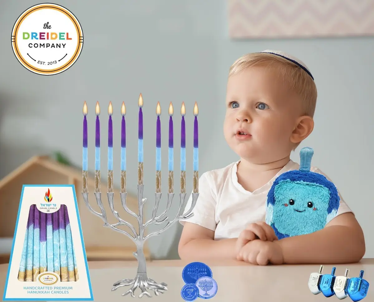 Israel Candle Dripless Hanukkah Candles 45 Purple Blue & Gold Frosted Stripes | 3/8” Diameter, 5.5” Long, 60+ Min Burn - view 2
