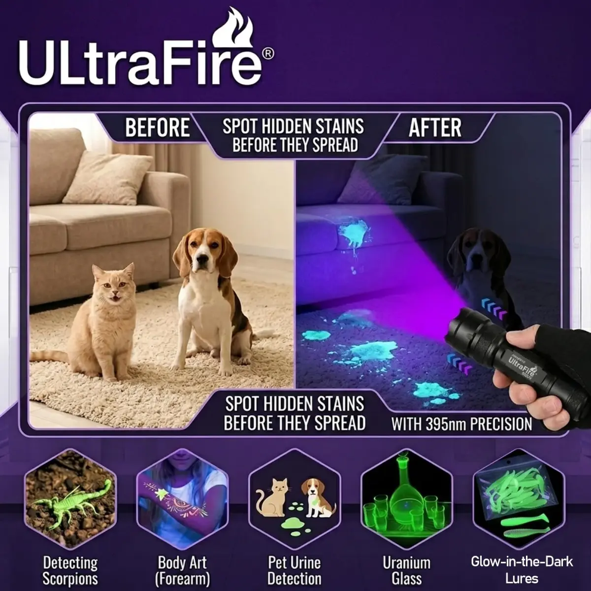 ULTRAFIRE WF-502B UV Blacklight Flashlight 104g (3.7oz) | 395-405nm LED for Pet Stains & Leak Detection - view 5