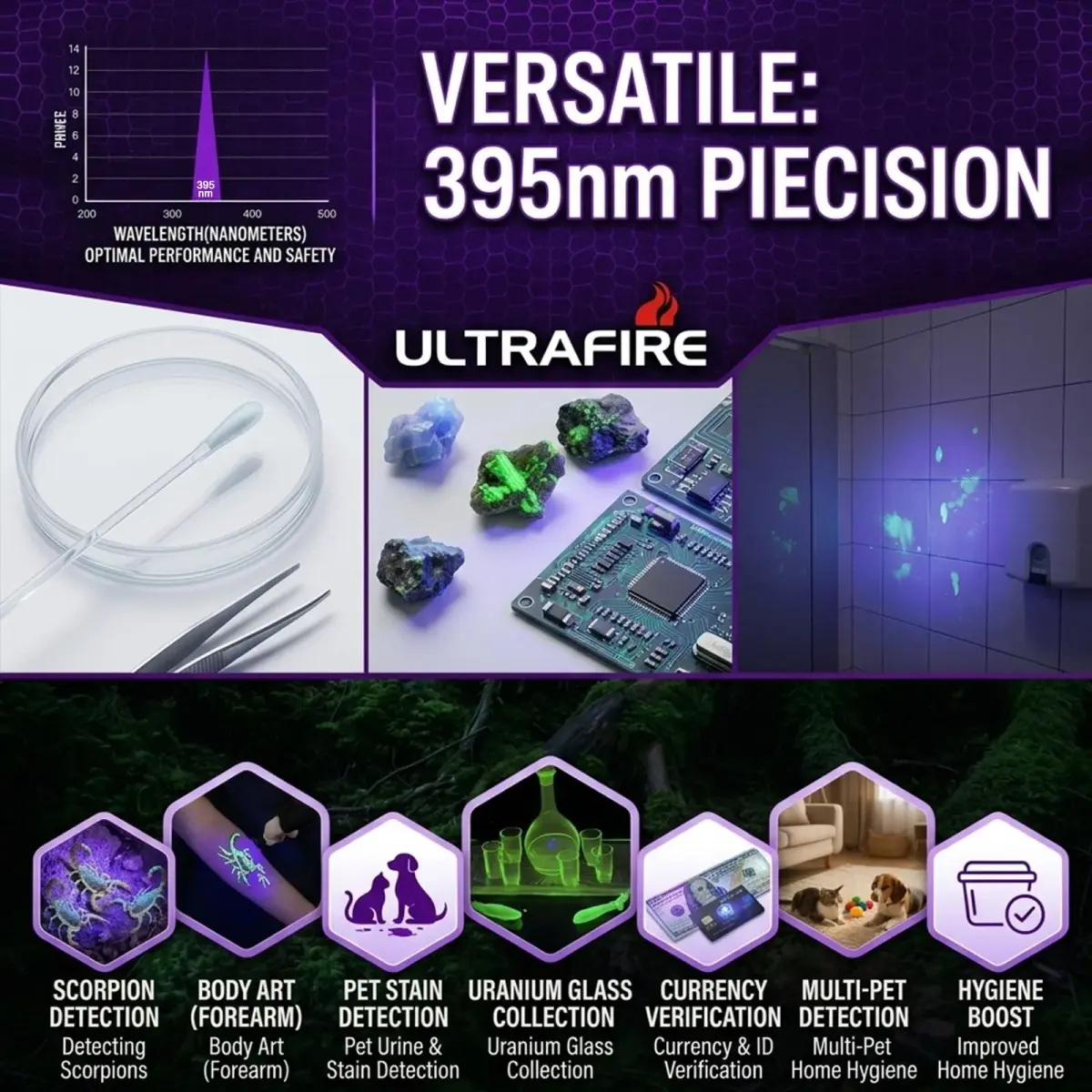 ULTRAFIRE WF-502B UV Blacklight Flashlight 104g (3.7oz) | 395-405nm LED for Pet Stains & Leak Detection - view 9