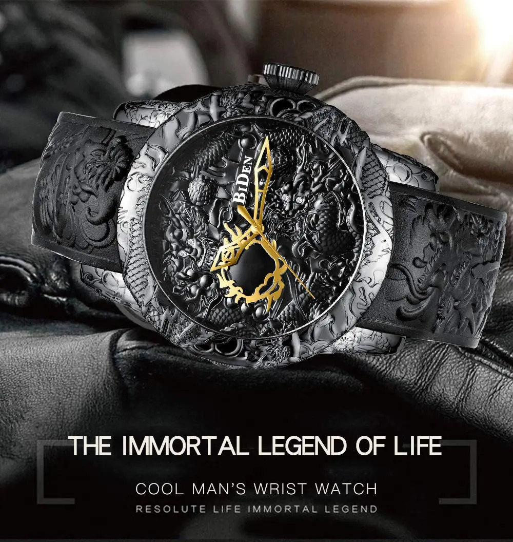MASTOP Men's Fashion Big Dial 3D Sculpture Dragon Watch | Quartz Movement, 30M Water Resistance (Black) - view 5