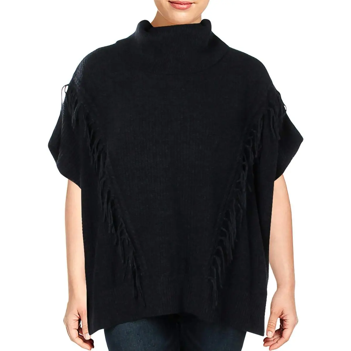 Anne Klein Fringe Turtleneck Poncho Sweater, Denim Heather, L/XL | Modern Ribbed Design with Fringe Detail - main product image
