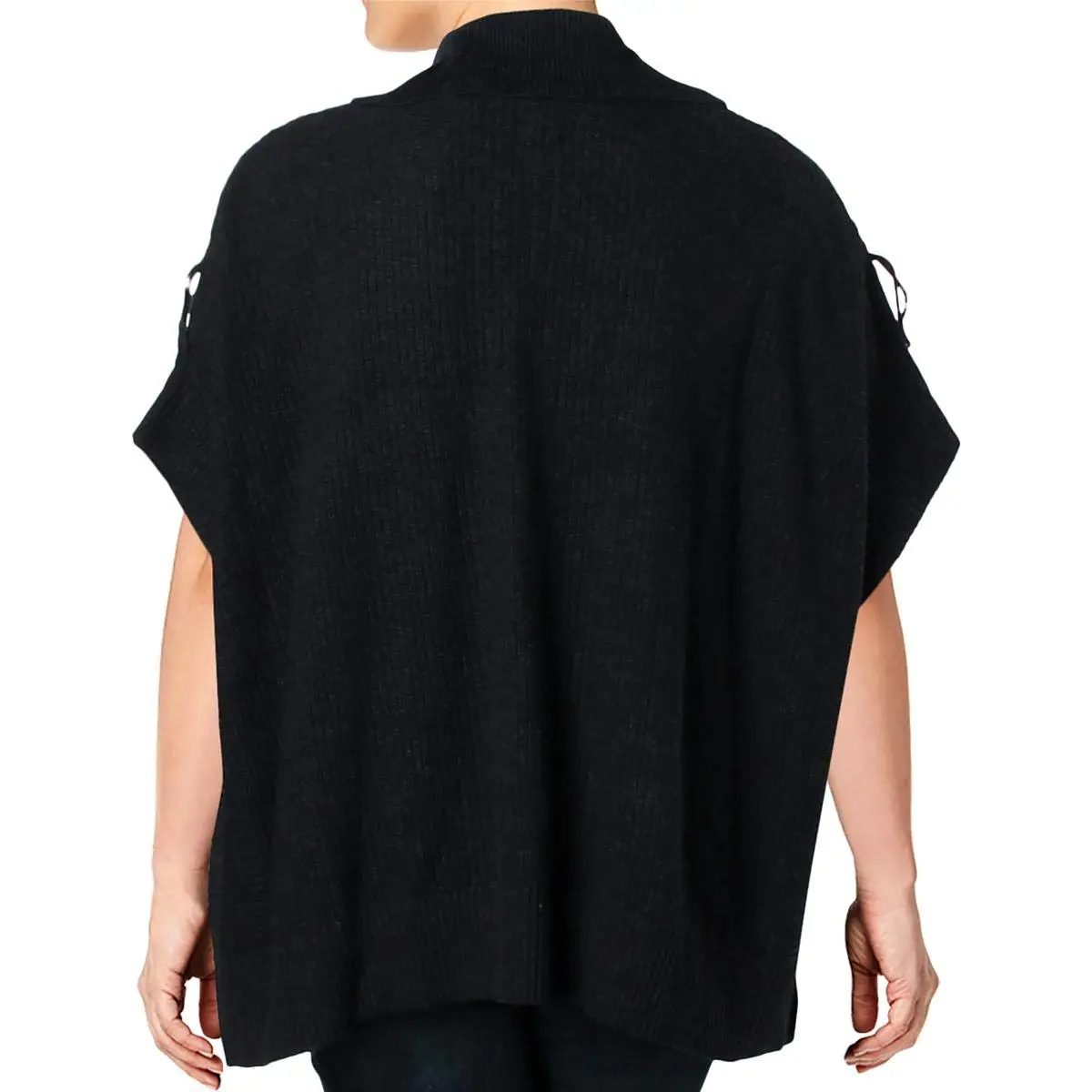 Anne Klein Fringe Turtleneck Poncho Sweater, Denim Heather, L/XL | Modern Ribbed Design with Fringe Detail - view 2