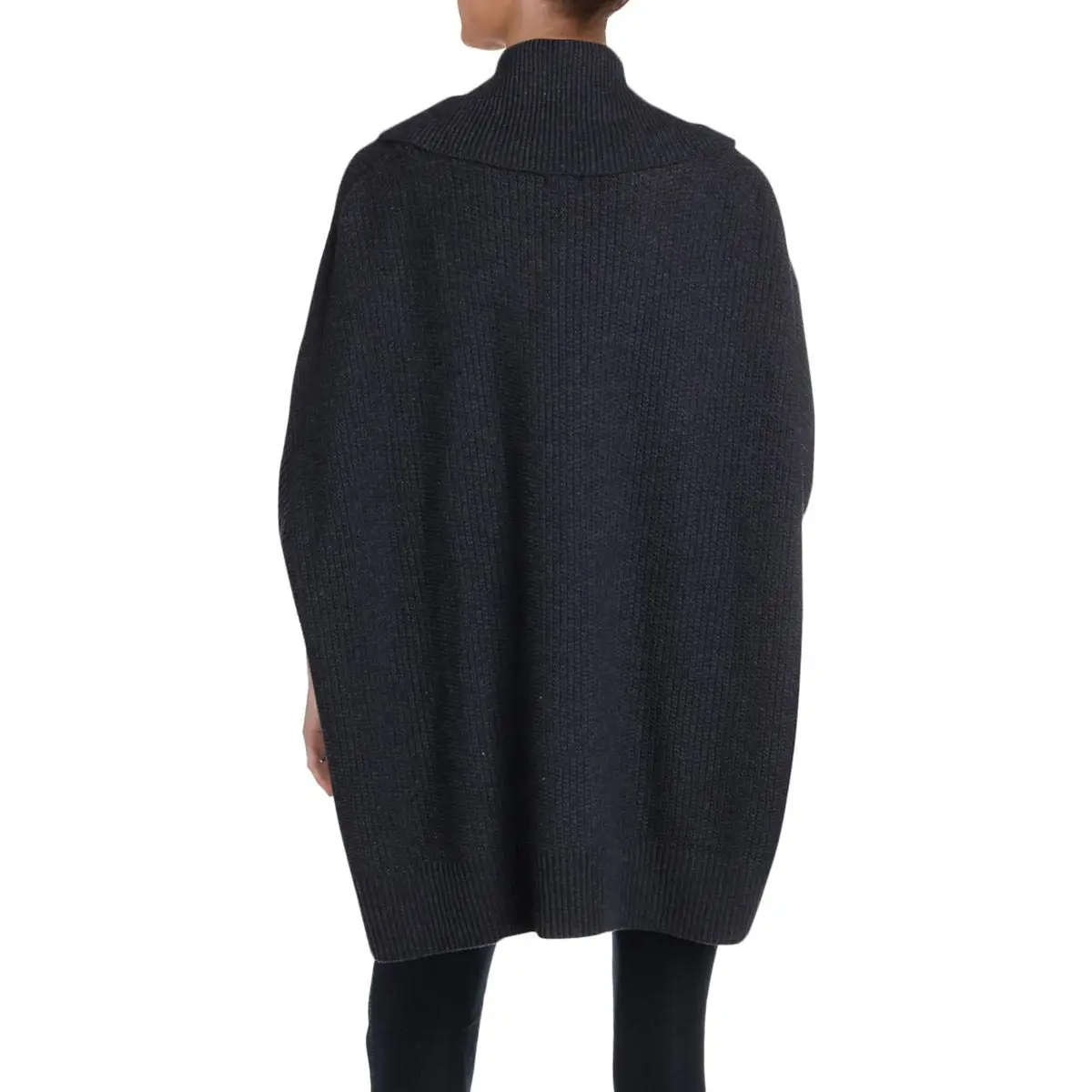 Anne Klein Fringe Turtleneck Poncho Sweater, Denim Heather, L/XL | Modern Ribbed Design with Fringe Detail - view 3