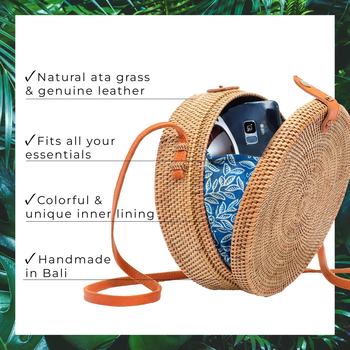 Novum Crafts Handmade Rattan Purse - Straw Wicker Crossbody Bag for Women, 20 cm (7.75") Diameter | Bali Woven Boho Beach Style - view 3