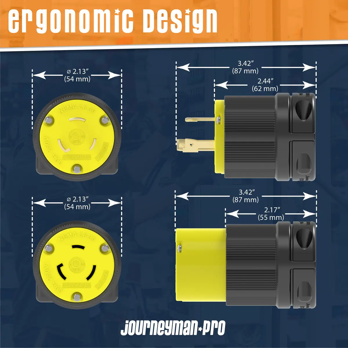 Journeyman-Pro NEMA L6-30P & L6-30R Locking Plug & Connector Set, 30A, 250V, 7500W, Industrial Grade, 2-Pack - view 6