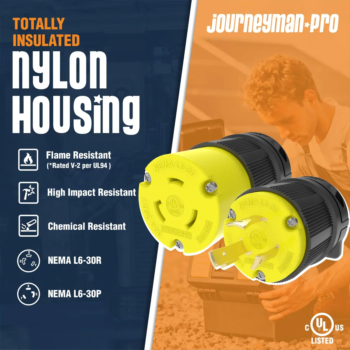 Journeyman-Pro NEMA L6-30P & L6-30R Locking Plug & Connector Set, 30A, 250V, 7500W, Industrial Grade, 2-Pack - view 2