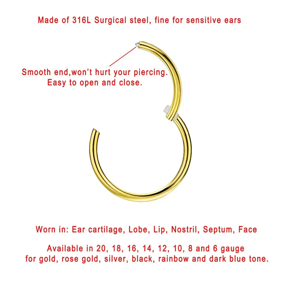 FANSING 18k Gold Plated Nose Hoop Ring 7mm (18 Gauge) | Hypoallergenic Surgical Steel Clicker - view 2