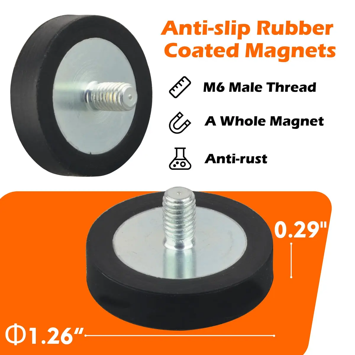 MUTUACTOR Rubber Coated Neodymium Disc Magnets with M6 Stud 32.8mm (1.295") x 7.7mm (0.303") | 40lb Vertical Pull Force (4-Pack) - view 5