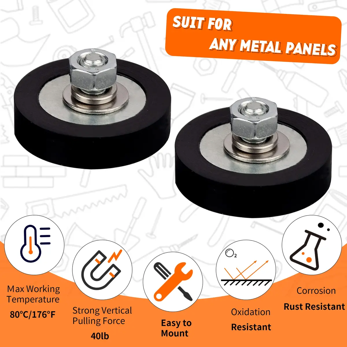 MUTUACTOR Rubber Coated Neodymium Disc Magnets with M6 Stud 32.8mm (1.295") x 7.7mm (0.303") | 40lb Vertical Pull Force (4-Pack) - view 9