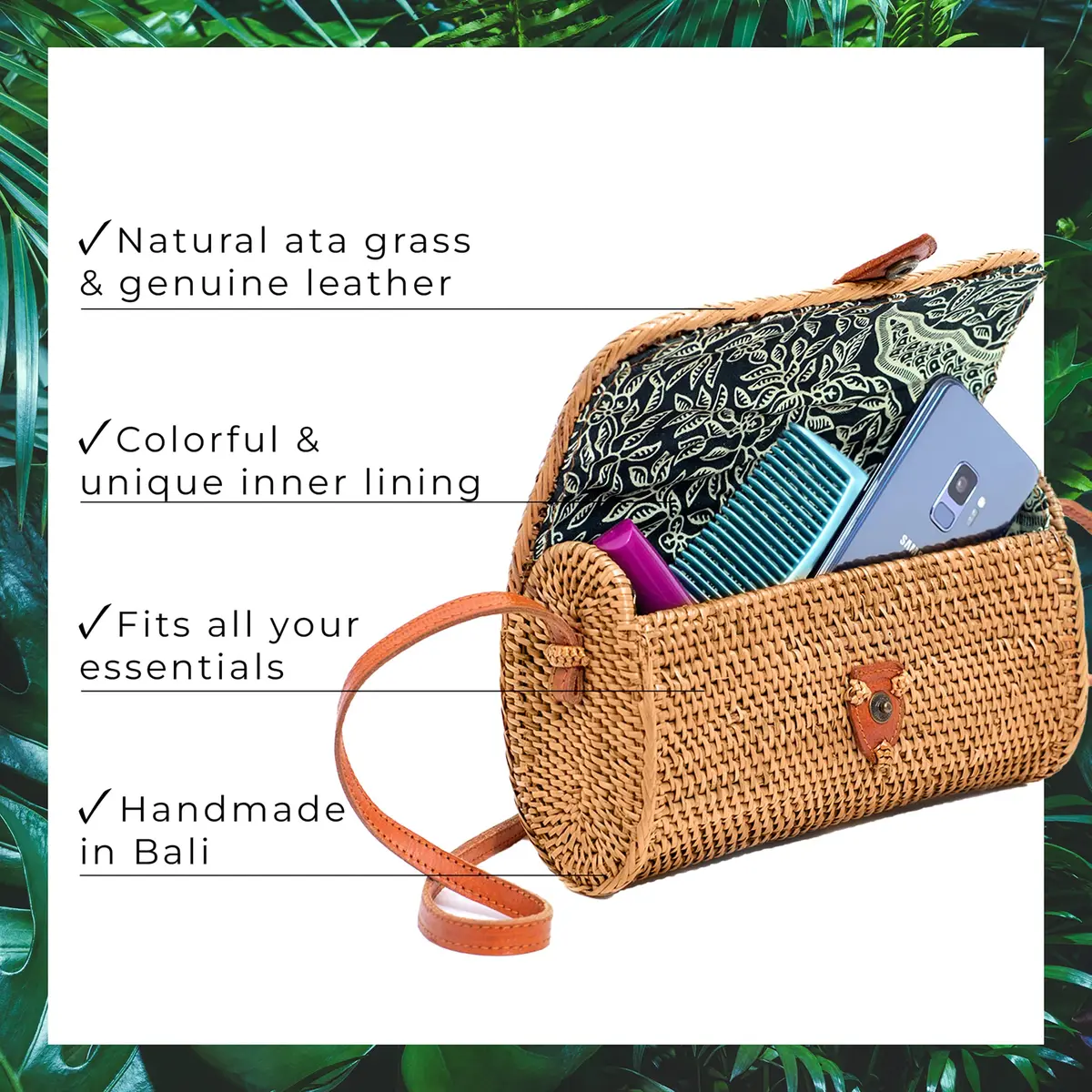 Novum Crafts Handmade Rattan Purse - Straw Wicker Crossbody Bag for Women | Tropical Bohemian Style (70-120 chars) - view 4