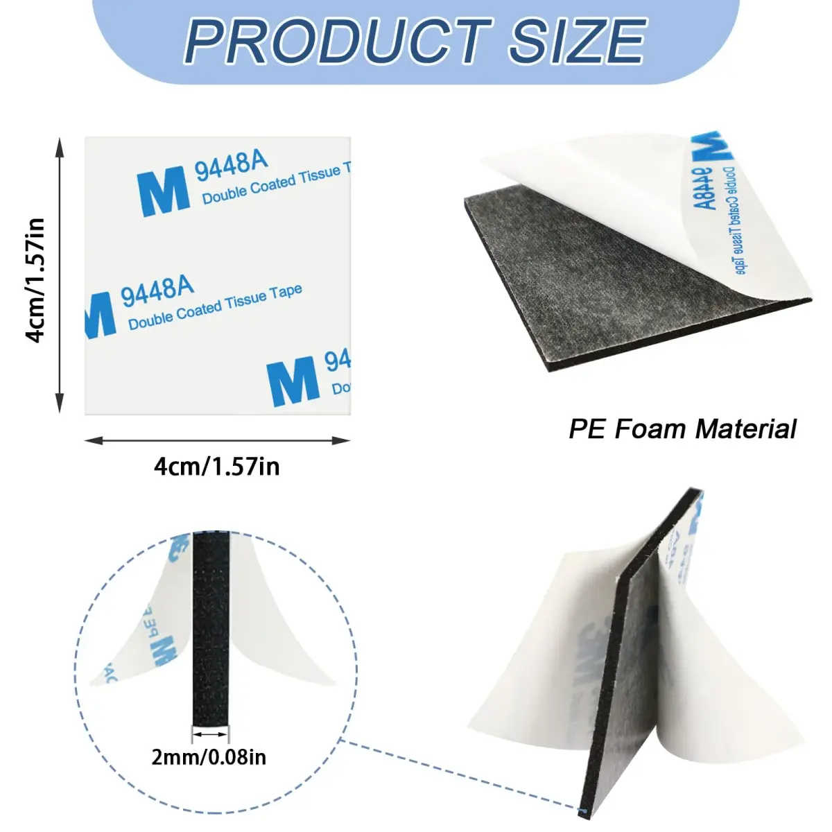 UPINS Black 120 Pack Double Sided Foam Tape Squares | 40mm x 40mm (1.57" x 1.57") - view 2