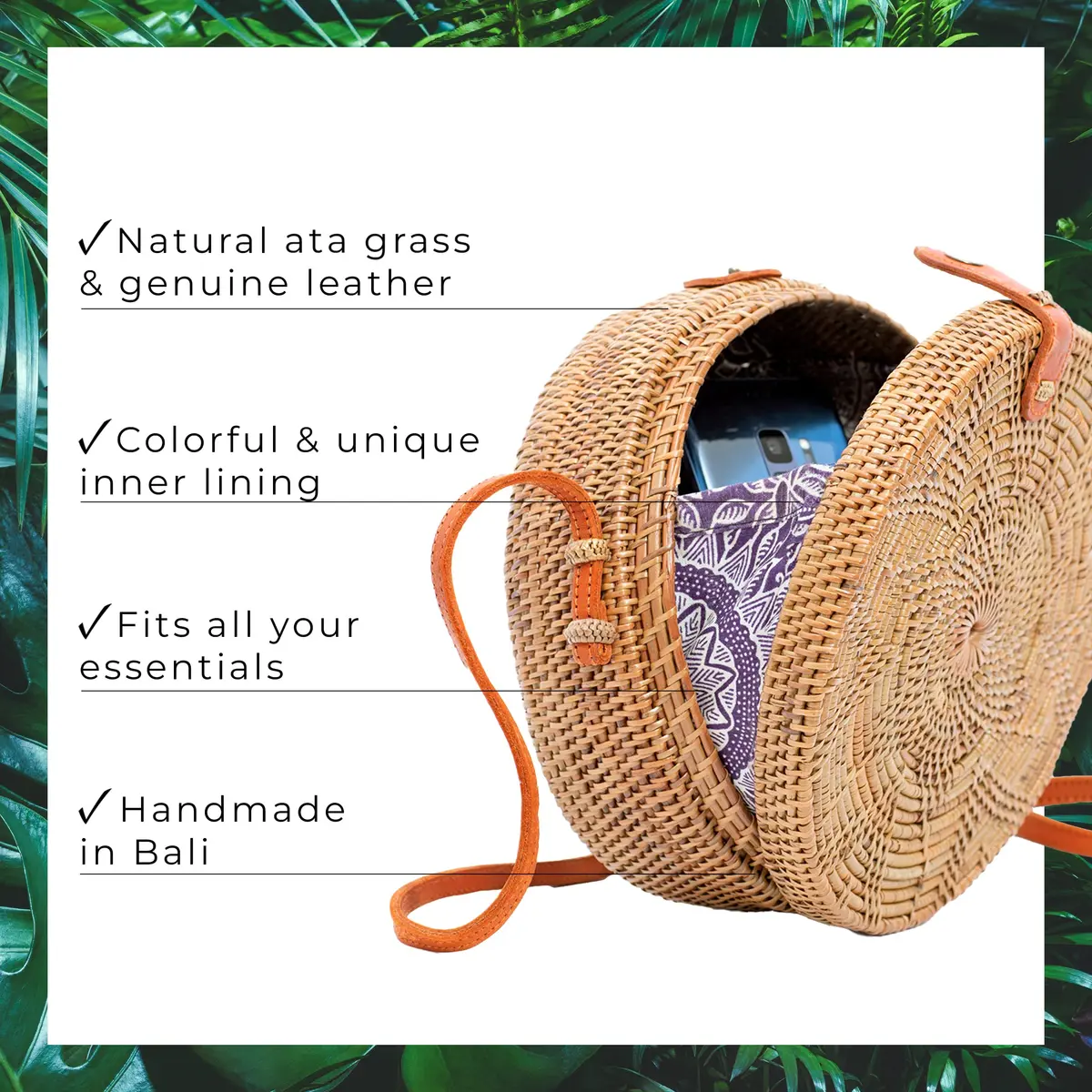 Novum Crafts Handmade Rattan Purse 20 cm (7.75") | Bali Woven Straw Crossbody Bag - view 3