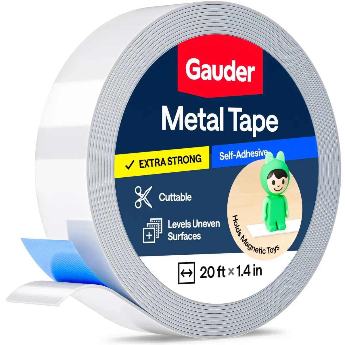 GAUDER Self-Adhesive Metal Tape 609.6 cm (20 ft) x 3.56 cm (1.4 in) | Holds Magnets & Tonie Figures on Walls - main product image