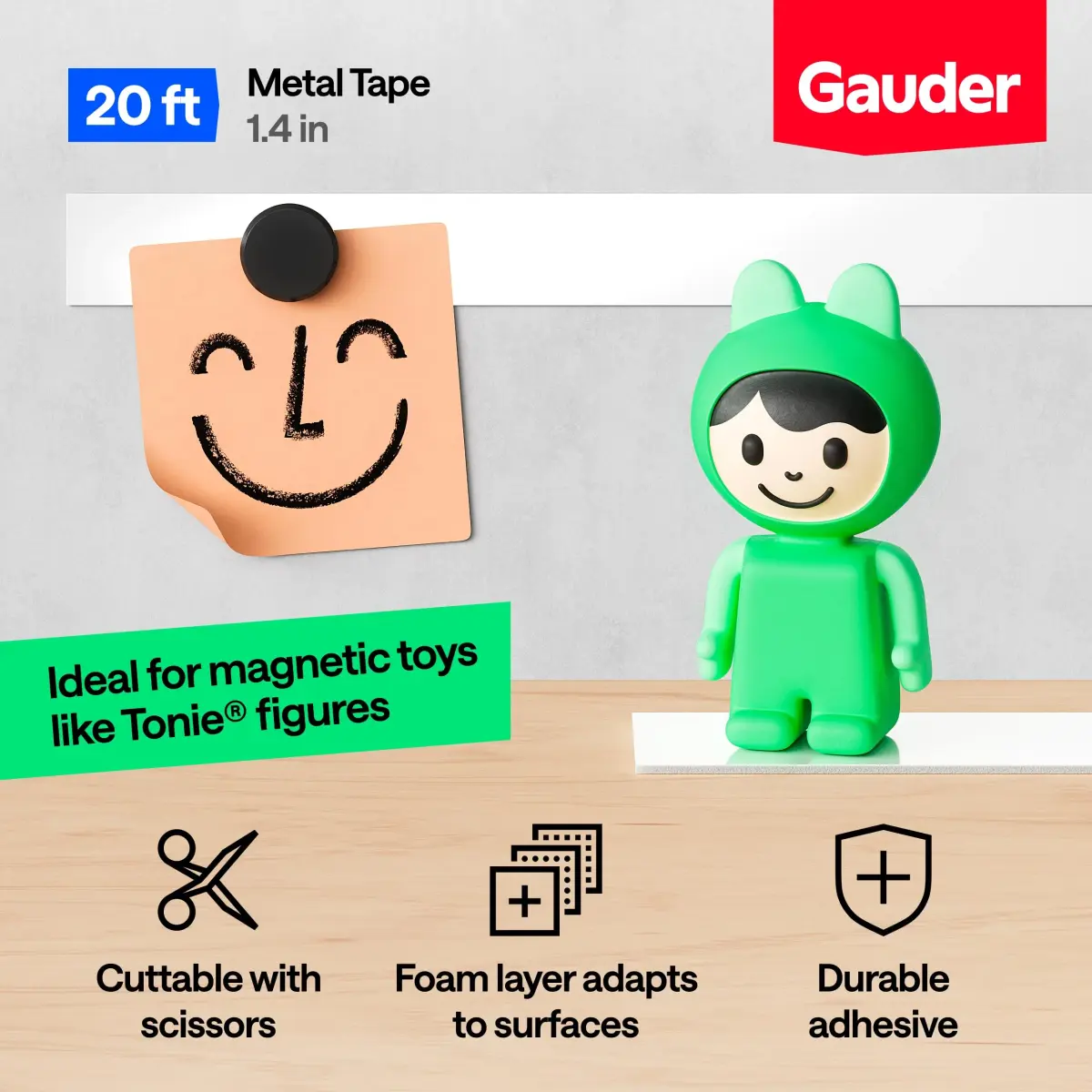 GAUDER Self-Adhesive Metal Tape 609.6 cm (20 ft) x 3.56 cm (1.4 in) | Holds Magnets & Tonie Figures on Walls - view 2