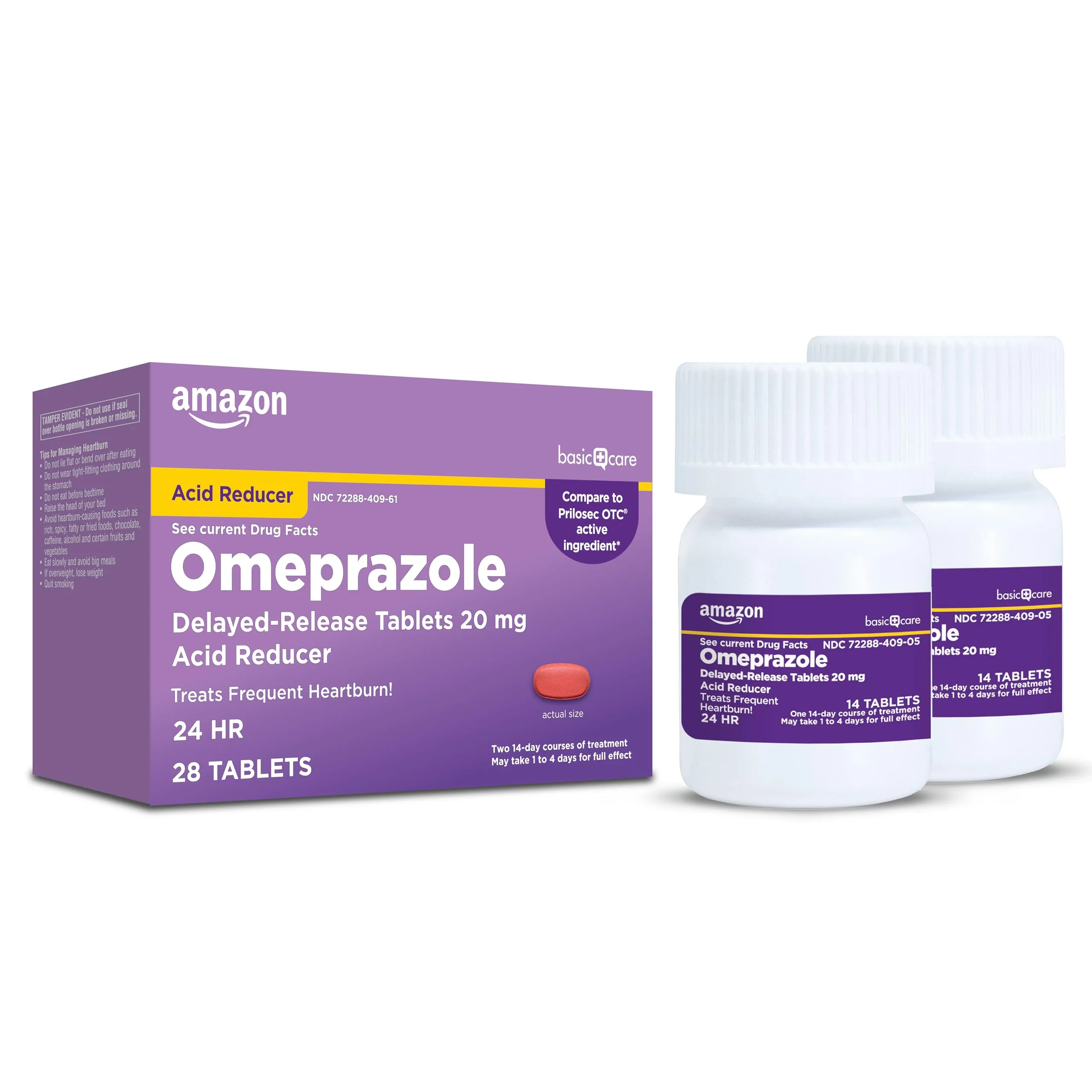 Amazon Basic Care Omeprazole Delayed Release Tablets 20 mg, Acid Reducer, 28 Count | Treats Frequent Heartburn - main product image