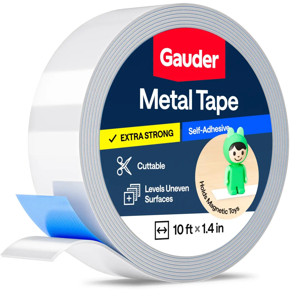 GAUDER Self-Adhesive Metal Tape 3.05 m (10 ft) x 3.56 cm (1.4 in) | Ferrous Steel Strip for Magnets - main product image