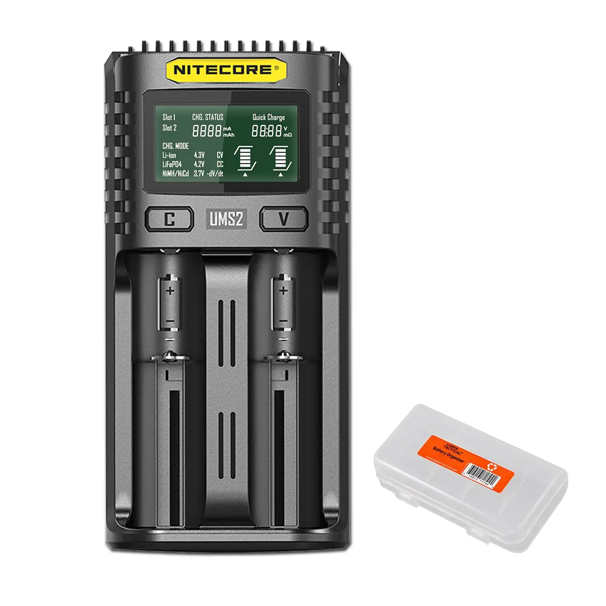 Nitecore UMS2 Battery Charger for Li-Ion/Ni-MH/Ni-Cd, Dual USB-C Slots, with Organizer | Fast, Safe Charging - main product image