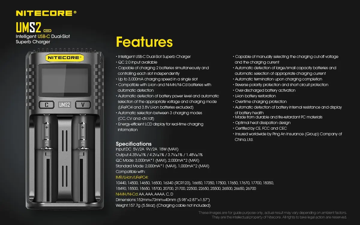 Nitecore UMS2 Battery Charger for Li-Ion/Ni-MH/Ni-Cd, Dual USB-C Slots, with Organizer | Fast, Safe Charging - view 6