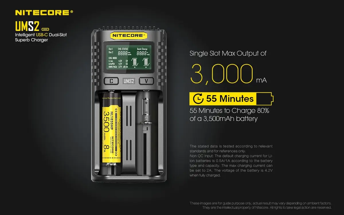 Nitecore UMS2 Battery Charger for Li-Ion/Ni-MH/Ni-Cd, Dual USB-C Slots, with Organizer | Fast, Safe Charging - view 3