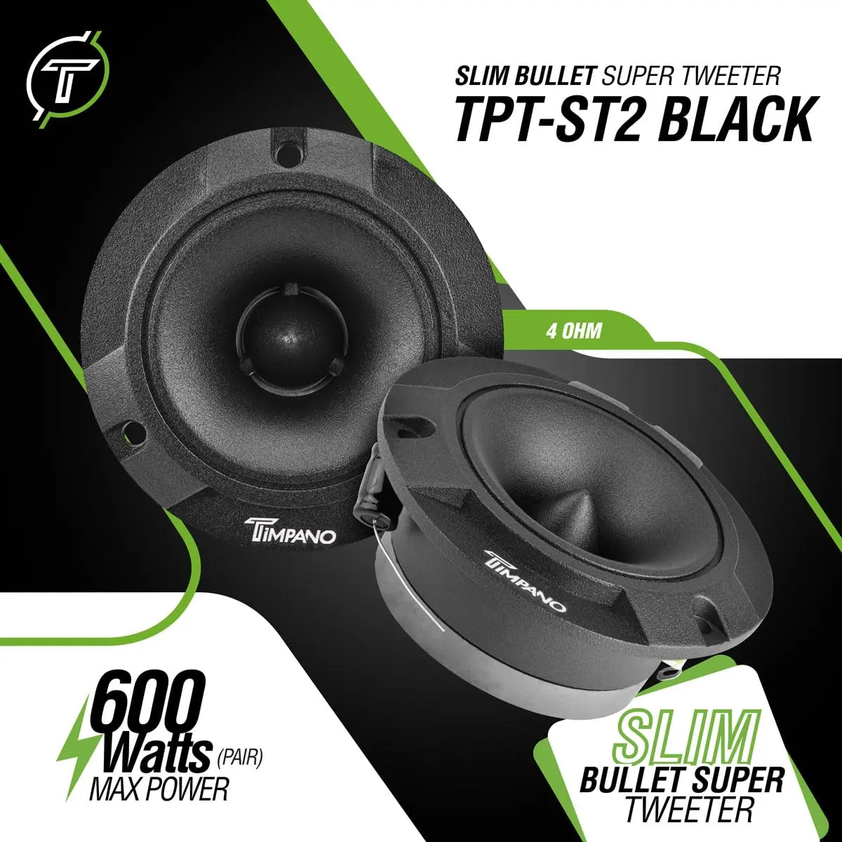 Timpano Super Tweeter 3.85 inch | 600W 4 Ohm, Slim Car Audio Bullet Tweeters, Black - view 2
