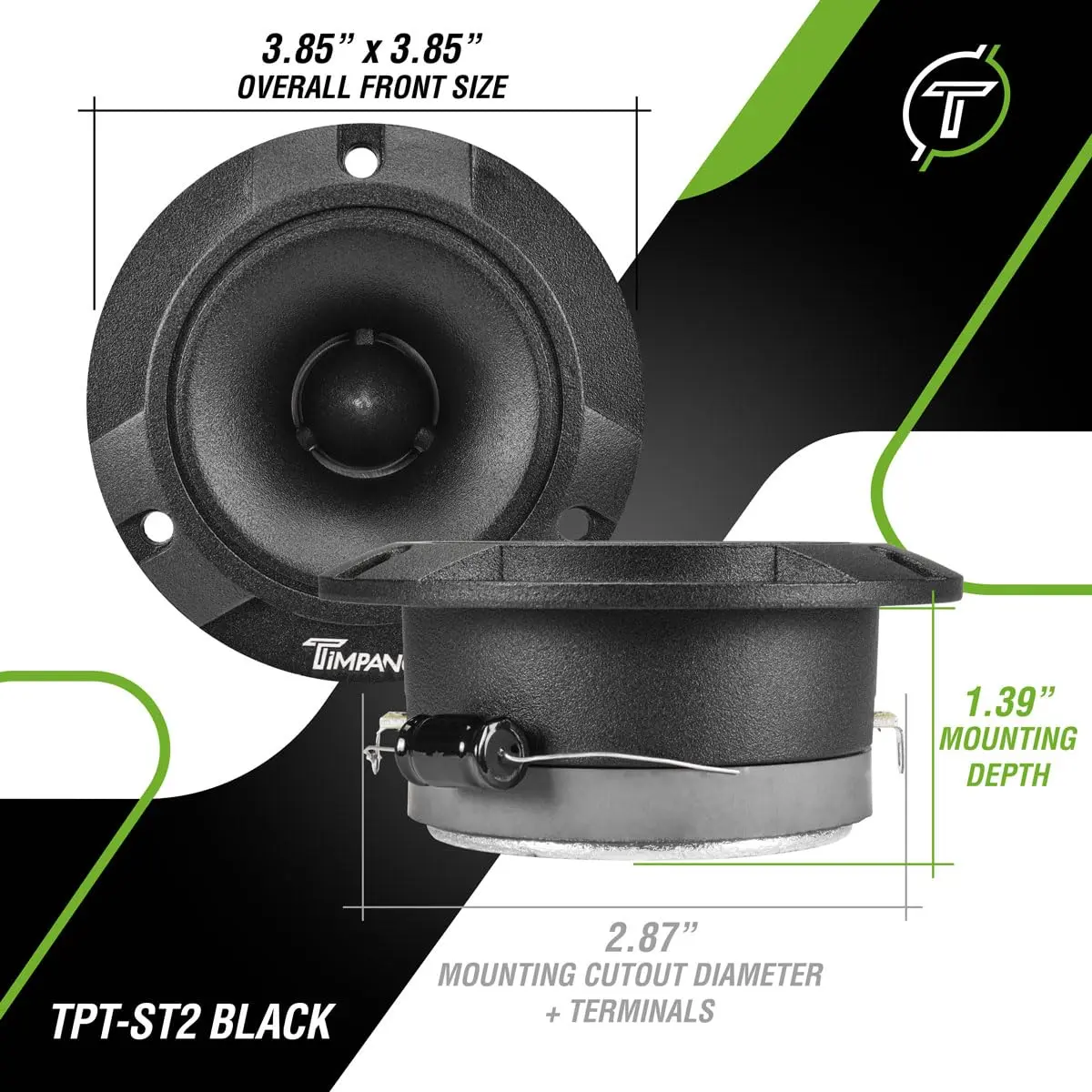 Timpano Super Tweeter 3.85 inch | 600W 4 Ohm, Slim Car Audio Bullet Tweeters, Black - view 4