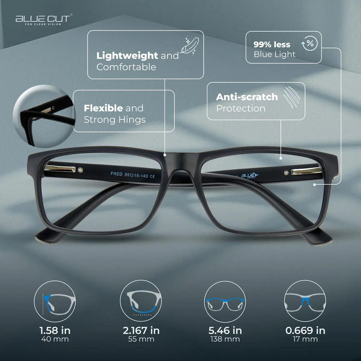BLUE CUT Blue Light Blocking Glasses for Men/Women | Reduce Eye Strain & Fatigue, Stylish & Lightweight, 55mm Wide, Unisex - view 3