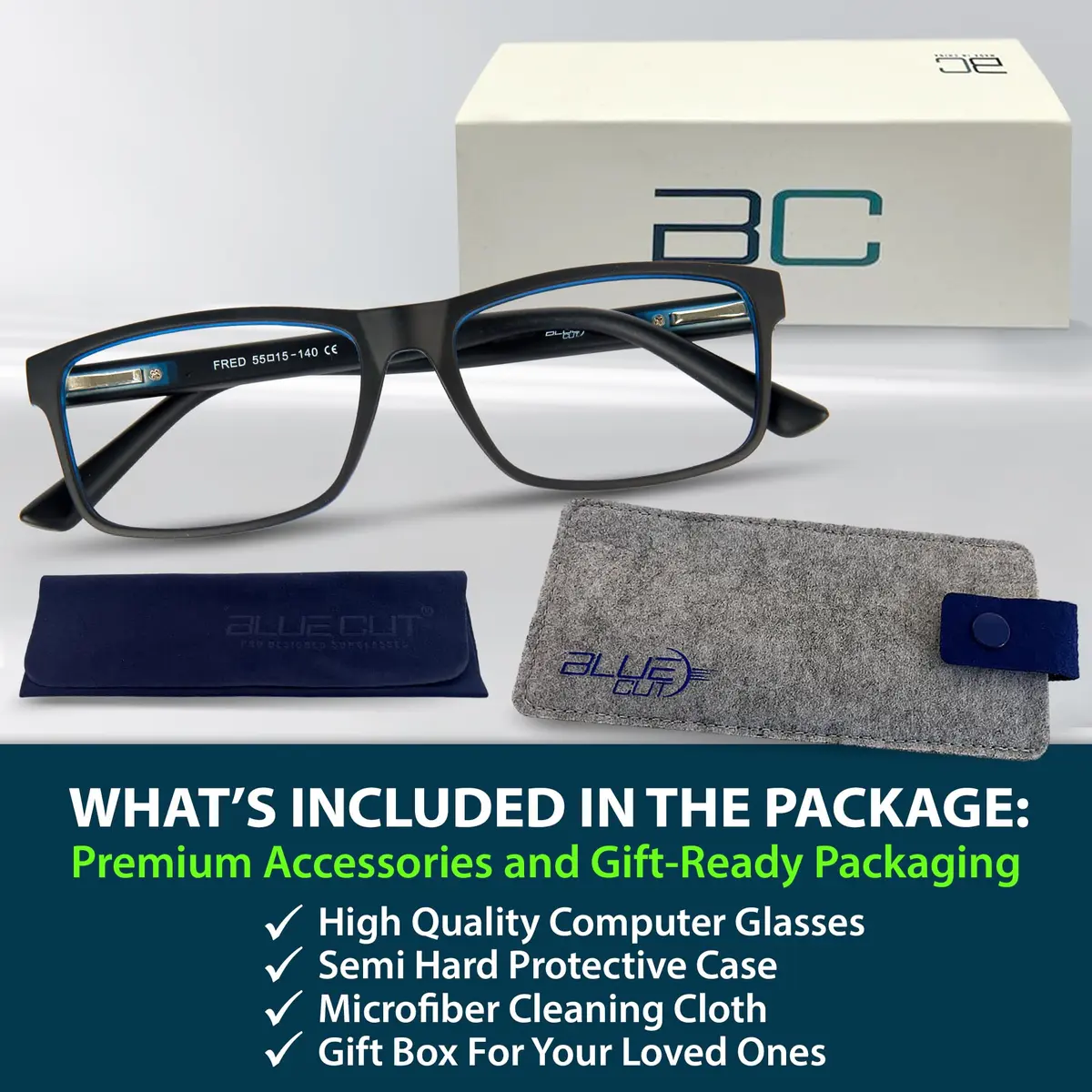 BLUE CUT Blue Light Blocking Glasses for Men & Women, Clear Square Frame 55mm Lens | Reduce Eye Strain - view 6
