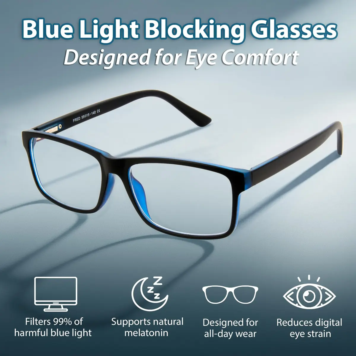 BLUE CUT Blue Light Blocking Glasses for Men & Women, Clear Square Frame 55mm Lens | Reduce Eye Strain - view 2