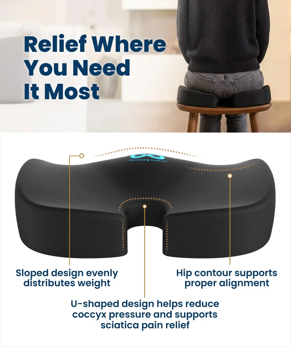 Everlasting Comfort Black Airflow Memory Foam Seat Cushion | Ergonomic U-Shape for Tailbone Pain Relief, Sciatica (Large) - view 3