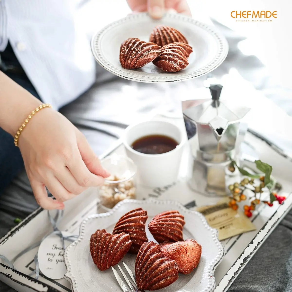 CHEFMADE Heart Madeleine Mold Cake Pan 12-Cavity | Non-Stick Shell Cake Pan for Oven Baking (Champagne Gold) - view 5