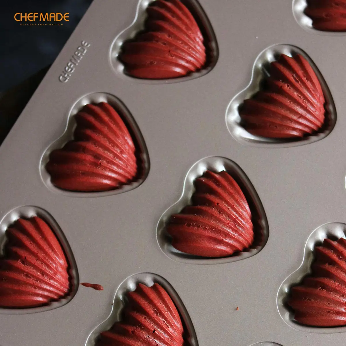 CHEFMADE Heart Madeleine Mold Cake Pan 12-Cavity | Non-Stick Shell Cake Pan for Oven Baking (Champagne Gold) - view 6