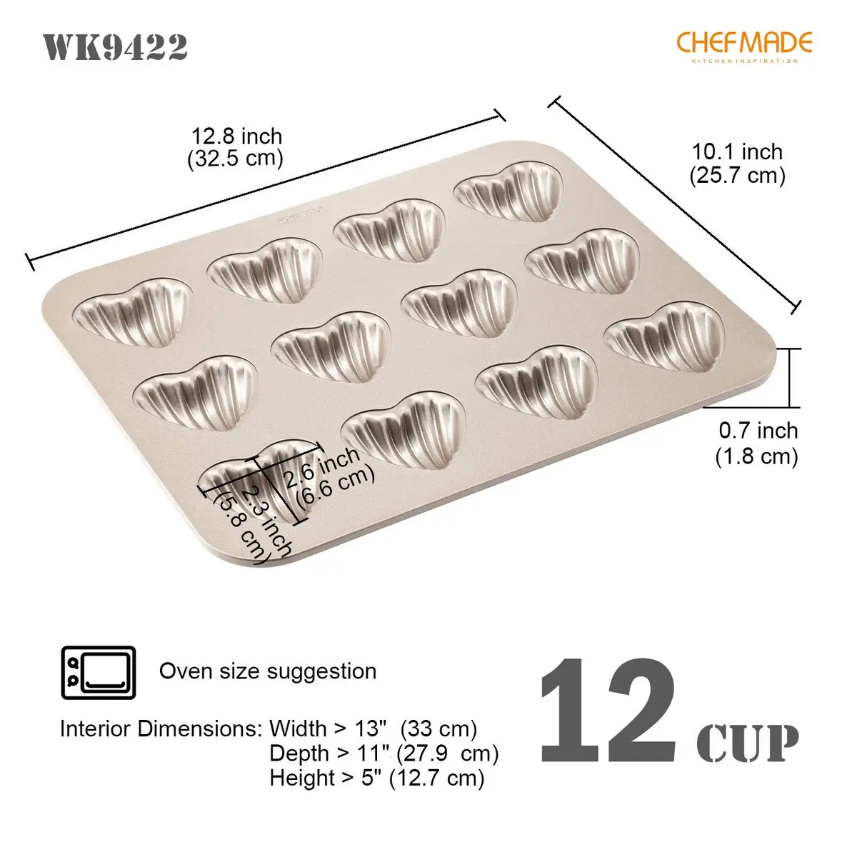 CHEFMADE Heart Madeleine Mold Cake Pan 12-Cavity | Non-Stick Shell Cake Pan for Oven Baking (Champagne Gold) - view 2