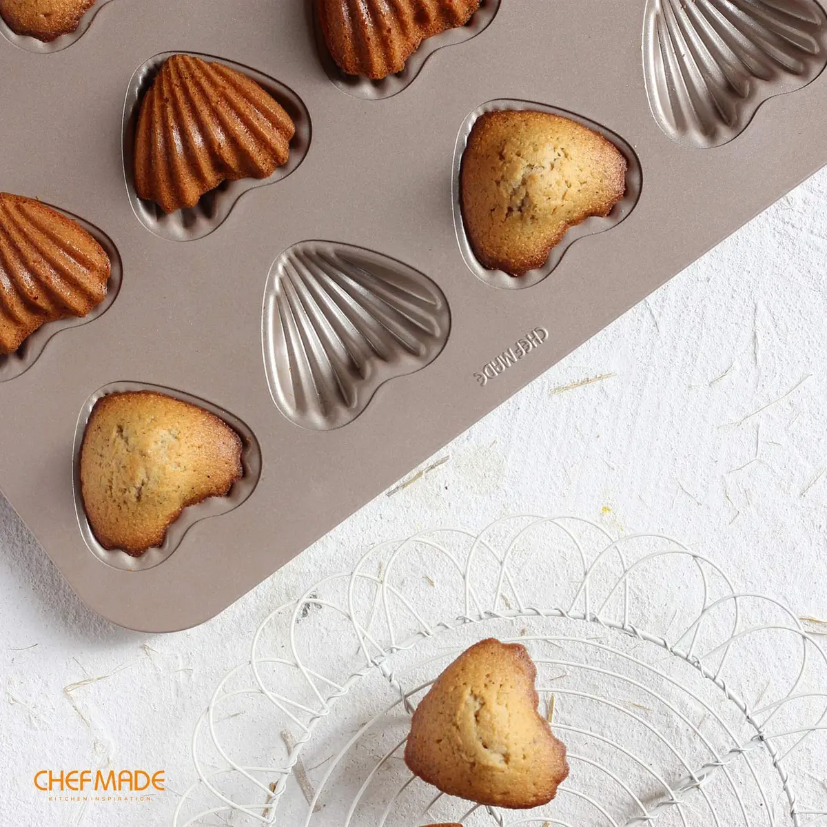 CHEFMADE Heart Madeleine Mold Cake Pan 12-Cavity | Non-Stick Shell Cake Pan for Oven Baking (Champagne Gold) - view 4
