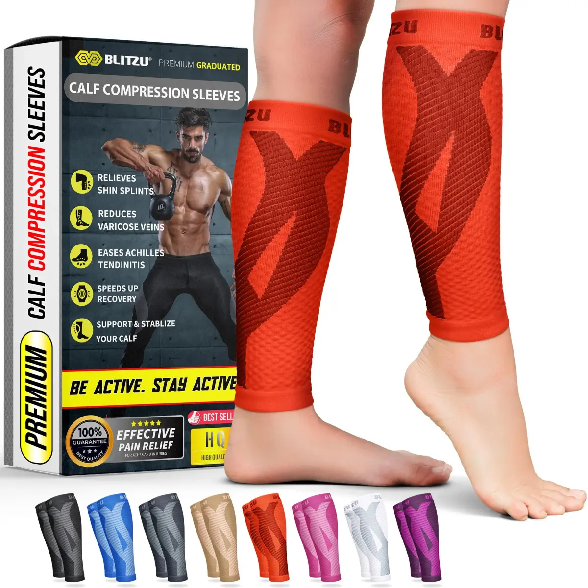 BLITZU Calf Compression Sleeves Tangerine Large/X-Large | FDA Approved Orthopedic Brace for Shin Splints & Varicose Veins - main product image
