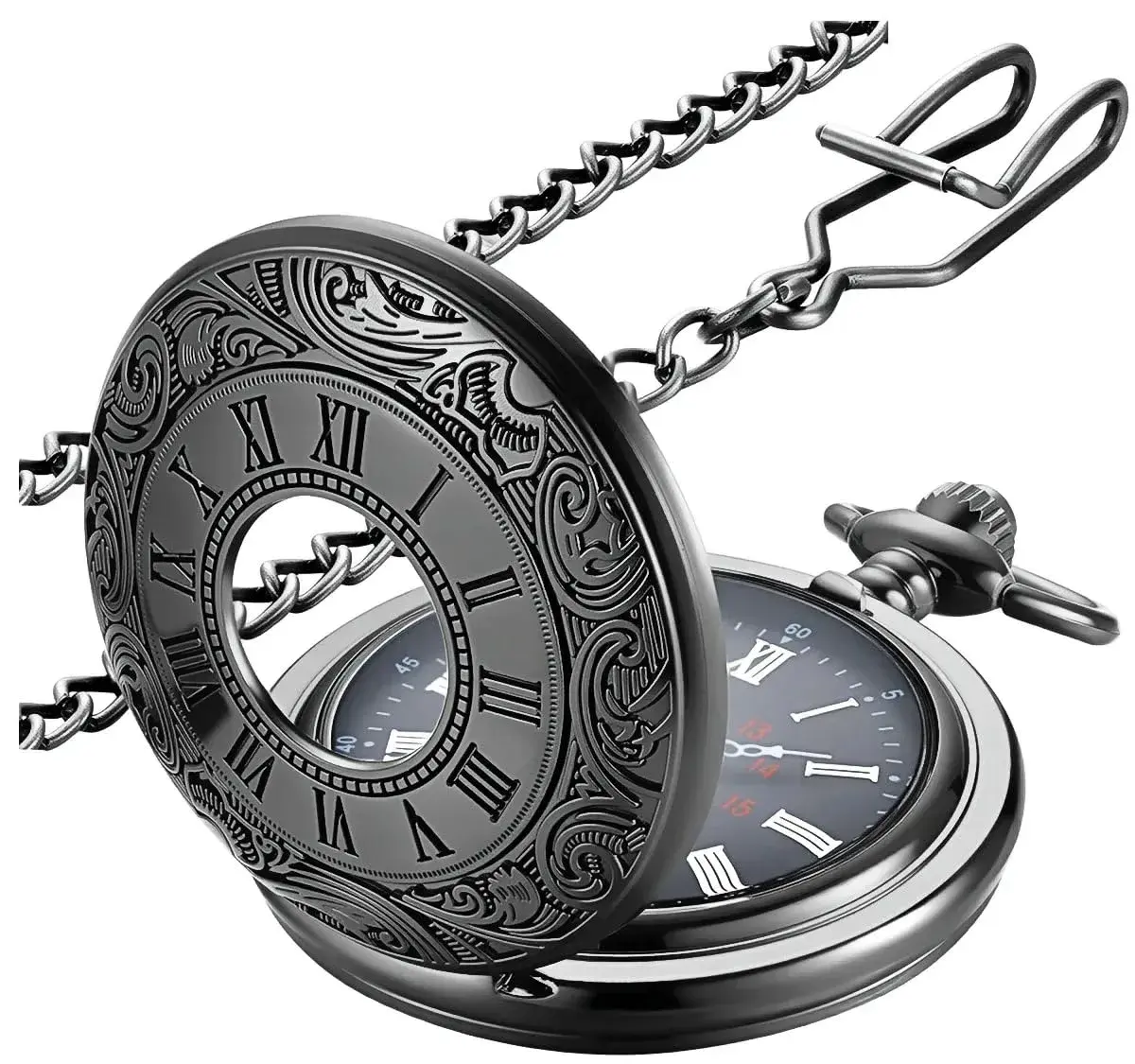 LYMFHCH Vintage Pocket Watch with Chain, Roman Numerals Scale Quartz Pocket Watch 46mm (1.8") | Classic Engraved Design for Gifting - main product image
