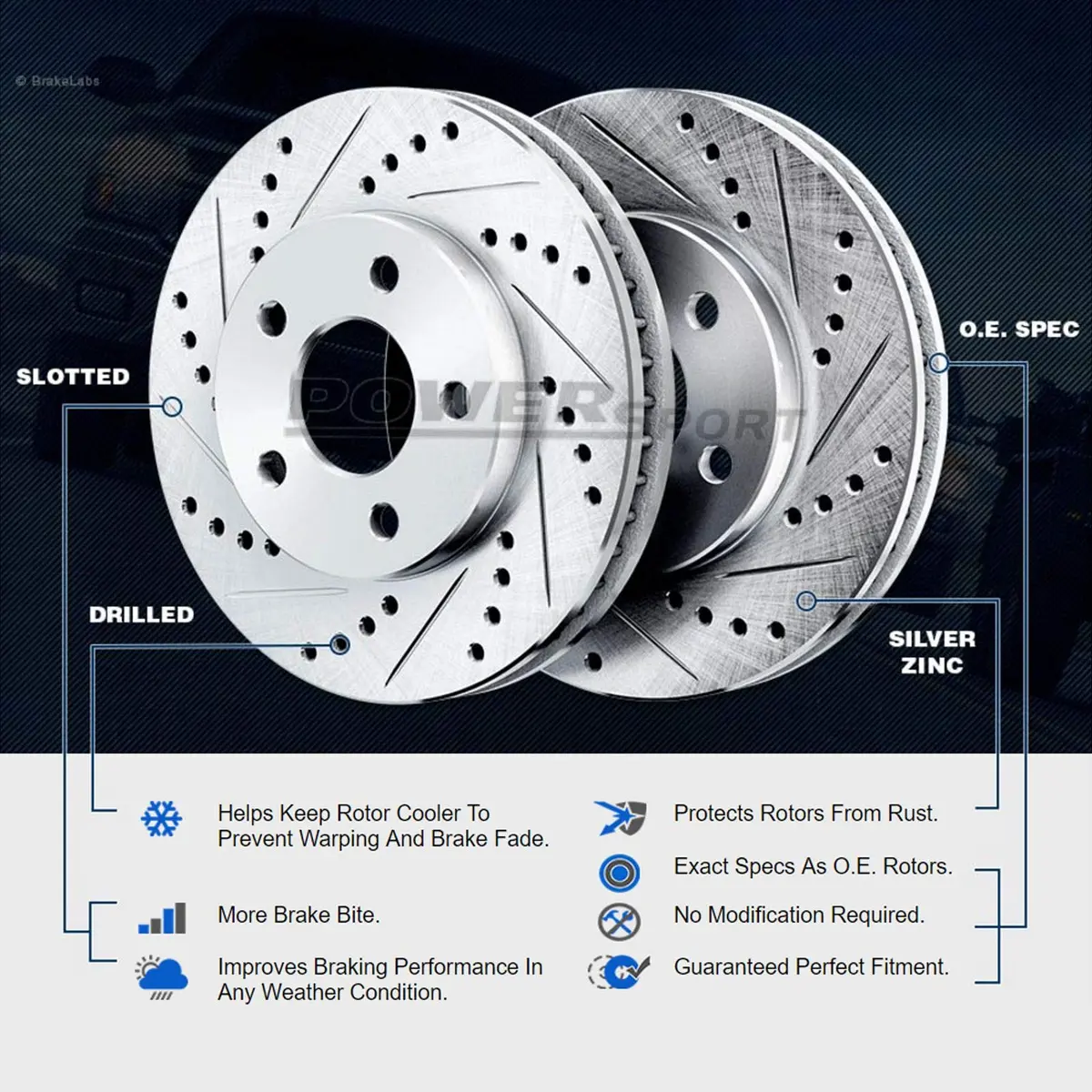 Power Sport Rear Brake Kit for Lexus LS460 2007-2017 | Drilled & Slotted Rotors with Ceramic Pads - view 4