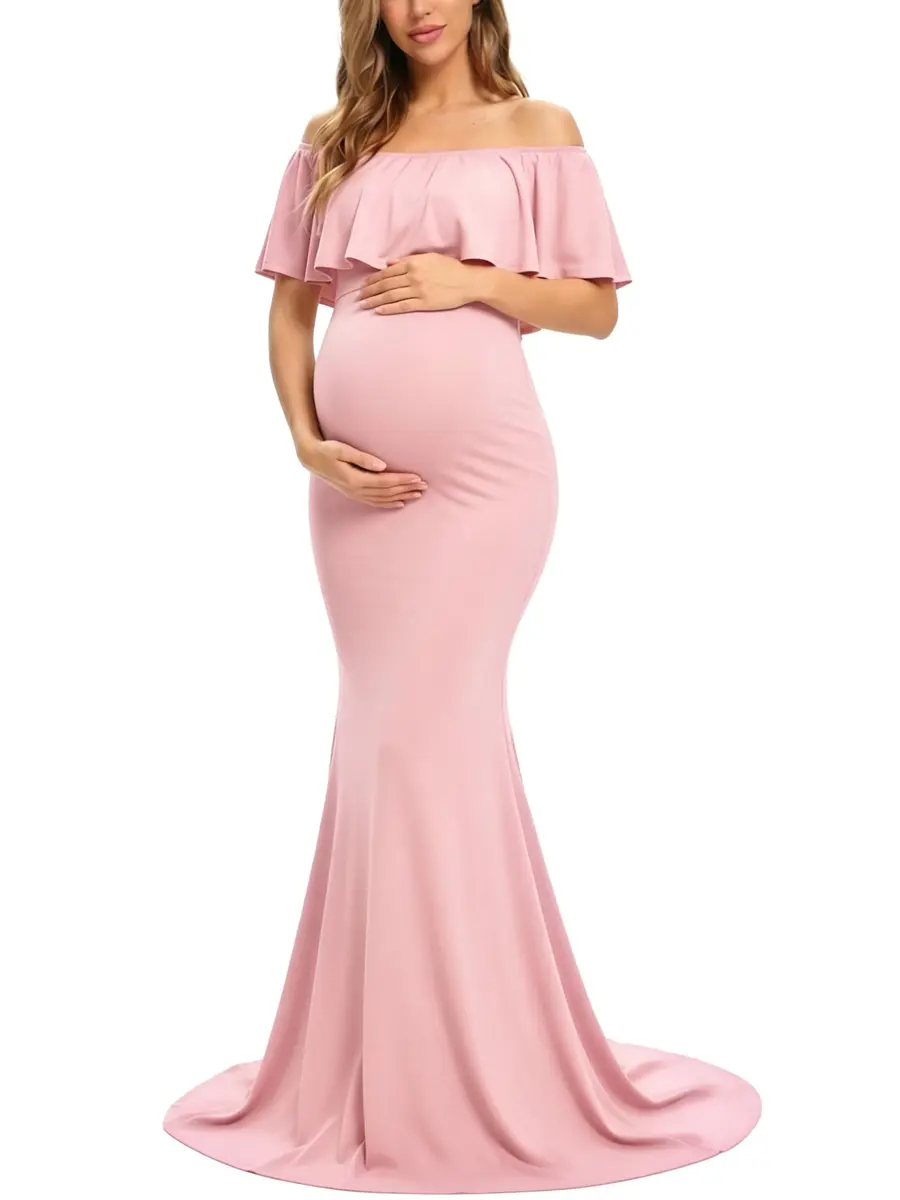 Glampunch Off Shoulder Maternity Dress for Photoshoot, Baby Shower | Flowy Maxi, Pink, Size X-Large - main product image