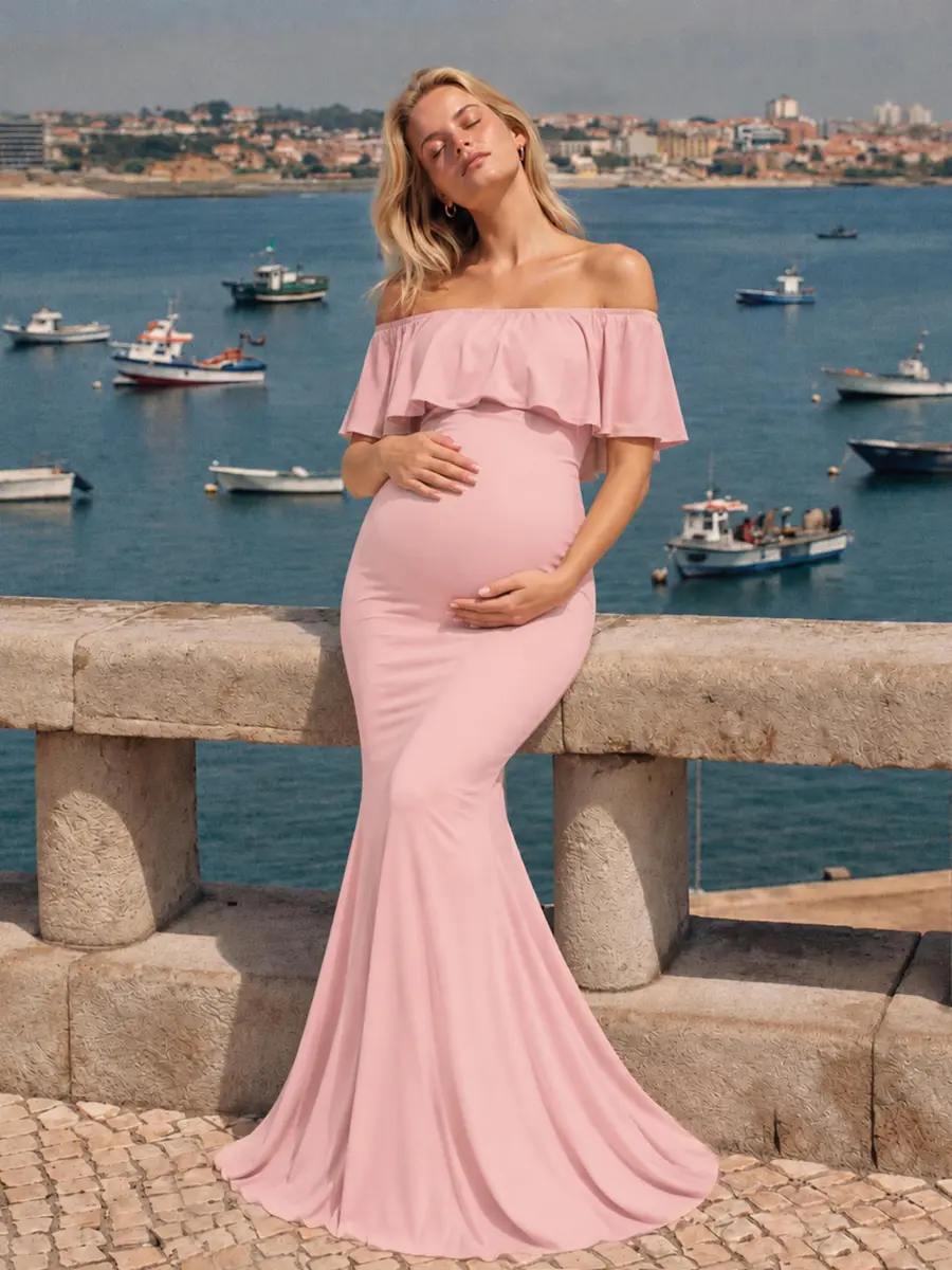 Glampunch Off Shoulder Maternity Dress for Photoshoot, Baby Shower | Flowy Maxi, Pink, Size X-Large - view 2