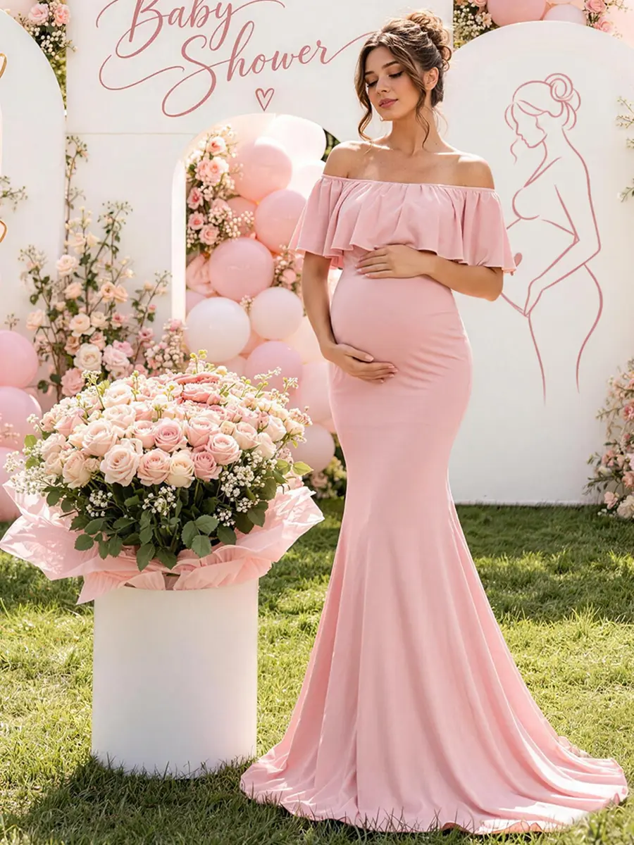 Glampunch Off Shoulder Maternity Dress for Photoshoot, Baby Shower | Flowy Maxi, Pink, Size X-Large - view 3