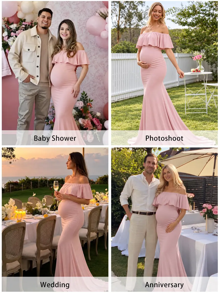 Glampunch Off Shoulder Maternity Dress for Photoshoot, Baby Shower | Flowy Maxi, Pink, Size X-Large - view 4