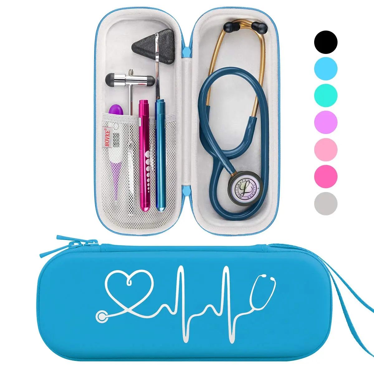 BOVKE Travel Carrying Case Compatible with 3M Littmann Classic III, Lightweight II S.E, MDF Acoustica Deluxe Stethoscopes, Extra Room for Medical Scissors EMT Trauma Shears LED Penlight, Turquoise | Durable, Lightweight & Waterproof - main product image