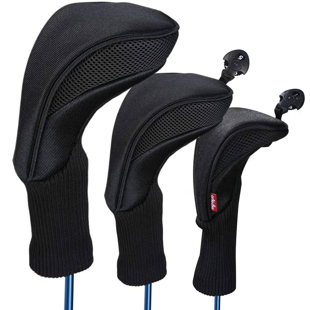 LONGCHAO Golf Club Head Cover Set for Driver & Woods | Thick 1680D Material, Interchangeable Tags, Black (3 pcs) - main product image