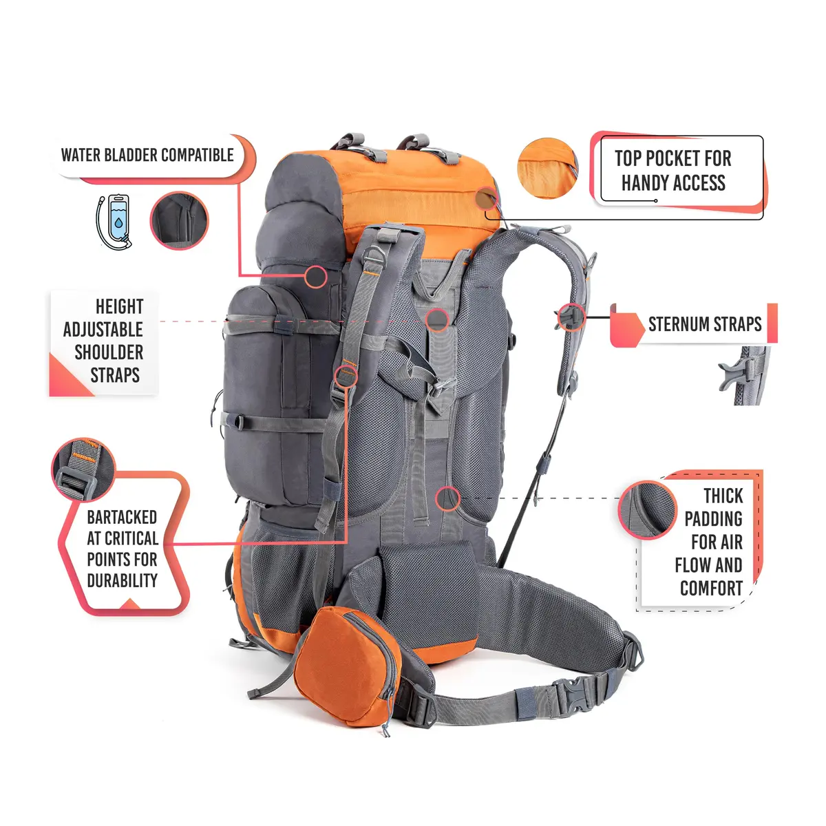 TRIPOLE Walker 55L Rucksack Orange | Internal Frame Backpack with Laptop Compartment & Rain Cover - view 3