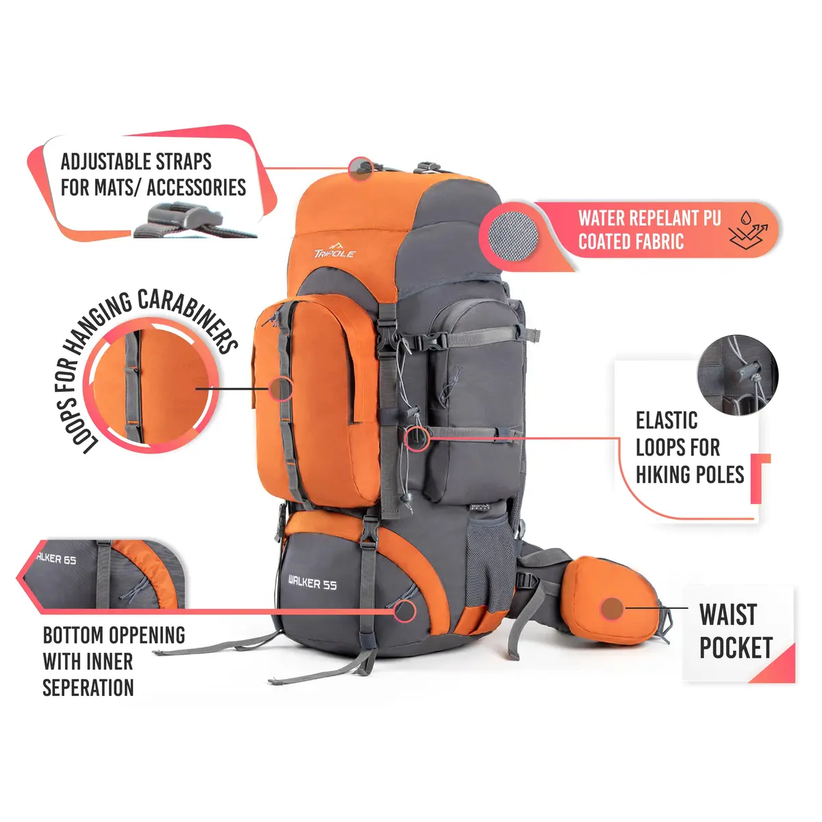 TRIPOLE Walker 55L Rucksack Orange | Internal Frame Backpack with Laptop Compartment & Rain Cover - view 4