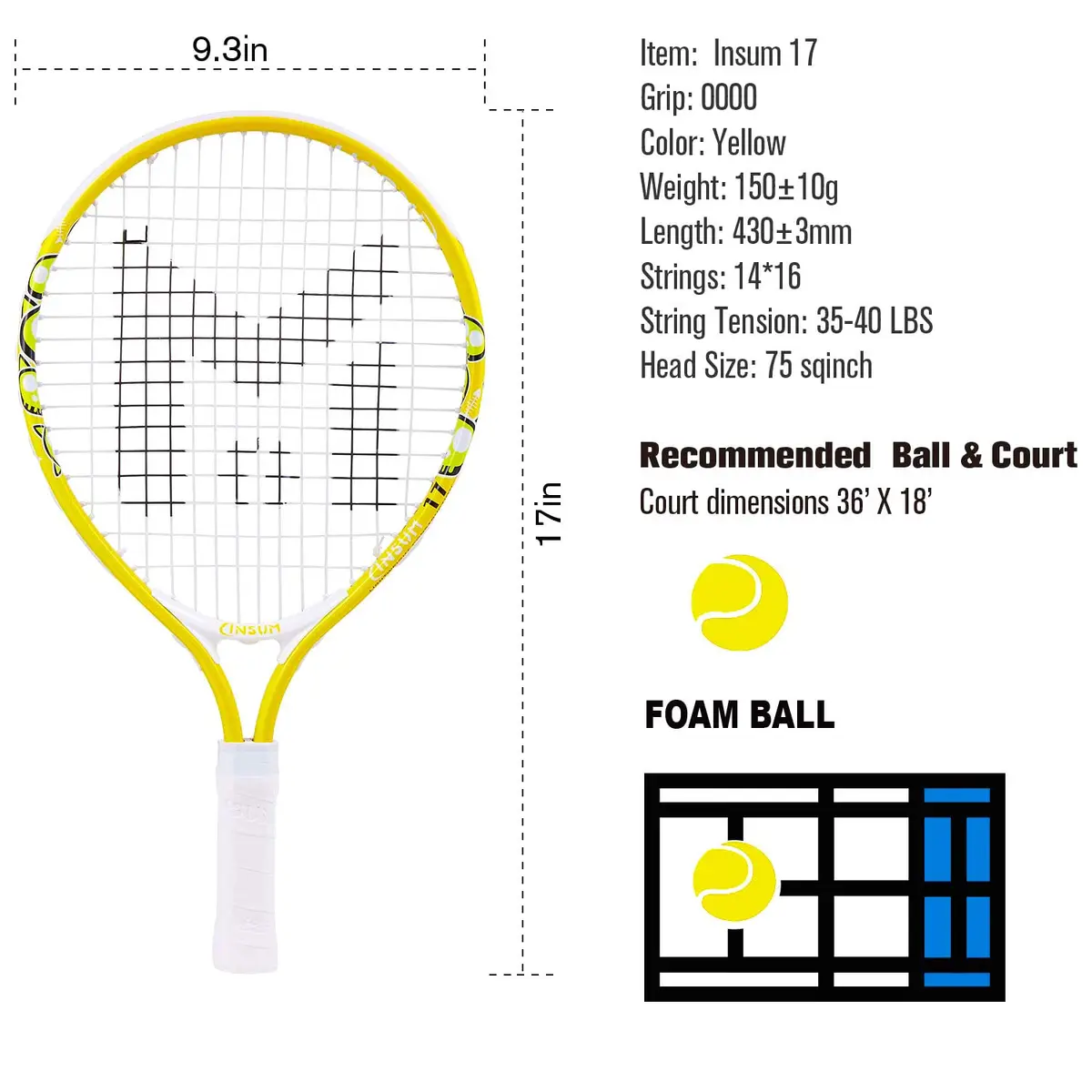 INSUM Junior Tennis Racket 17 Inch (43 cm) Ages 2–3 | Lightweight Aluminum Beginner Racquet with Cover - view 7