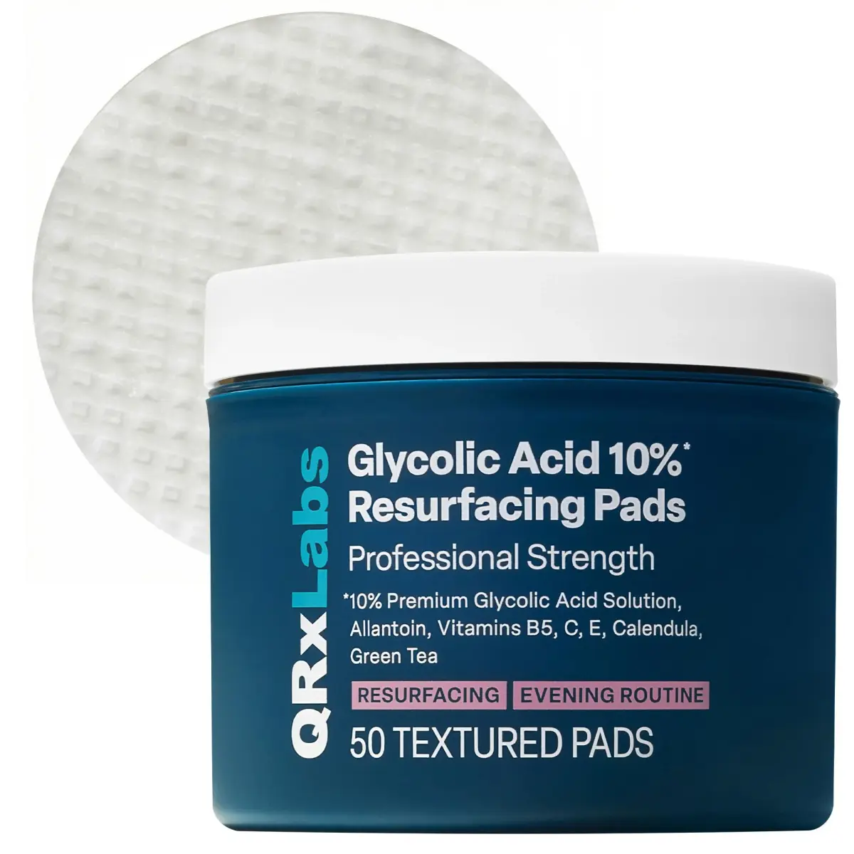 QRxLabs 10% Glycolic Acid Exfoliating Pads, Face + Body, 50ct | Resurfaces Skin for Smoother Texture & Brighter Tone - main product image