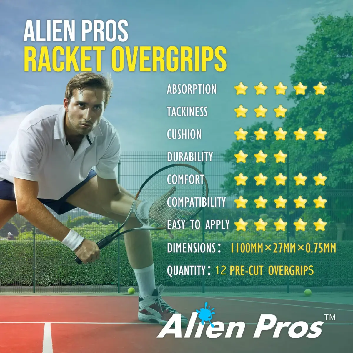 ALIEN PROS Tennis Overgrip Tape (6 Grips, Black) | Dry Feel & Absorbent for High Performance - view 6