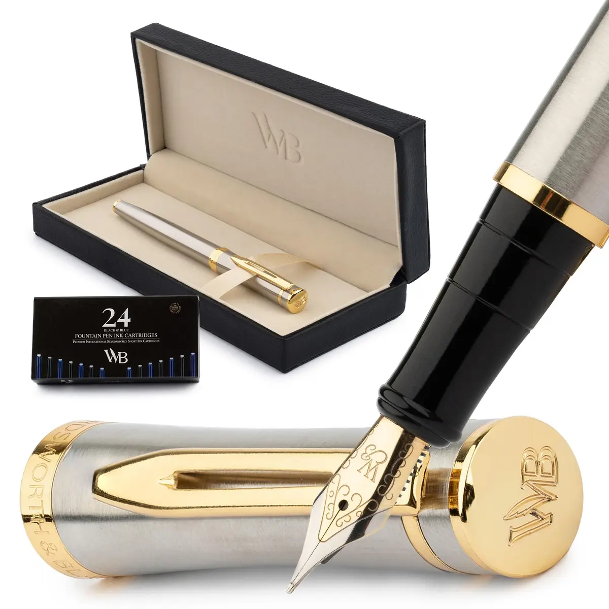 Wordsworth & Black Luxury Fountain Pen Set, Medium Nib, Silver & Gold | Smooth Ink Flow, Refillable, Gift Boxed - main product image