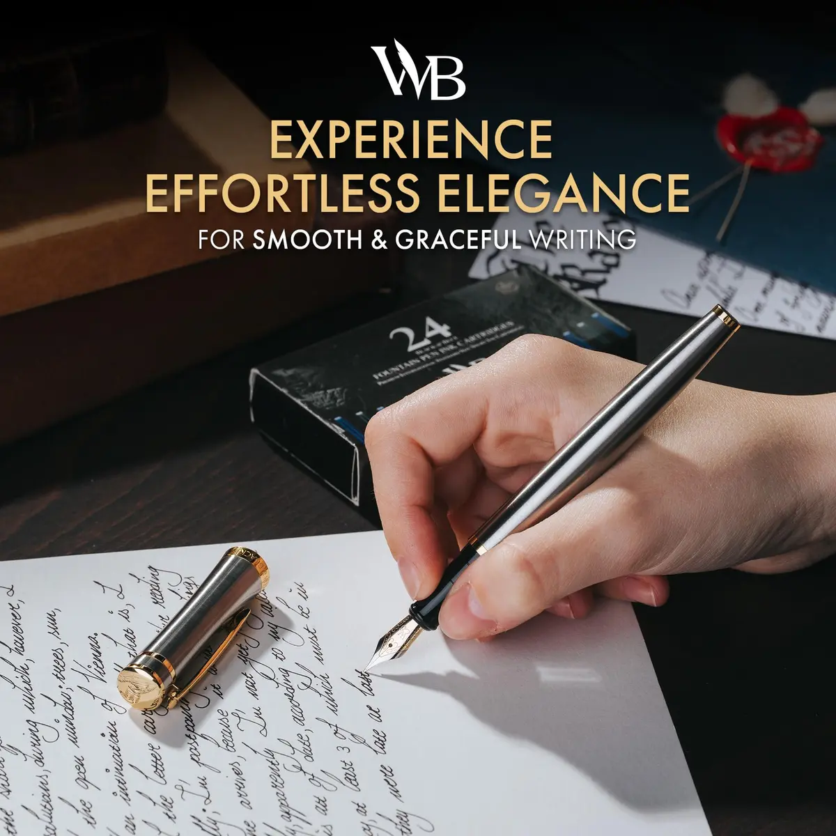 Wordsworth & Black Luxury Fountain Pen Set, Medium Nib, Silver & Gold | Smooth Ink Flow, Refillable, Gift Boxed - view 2
