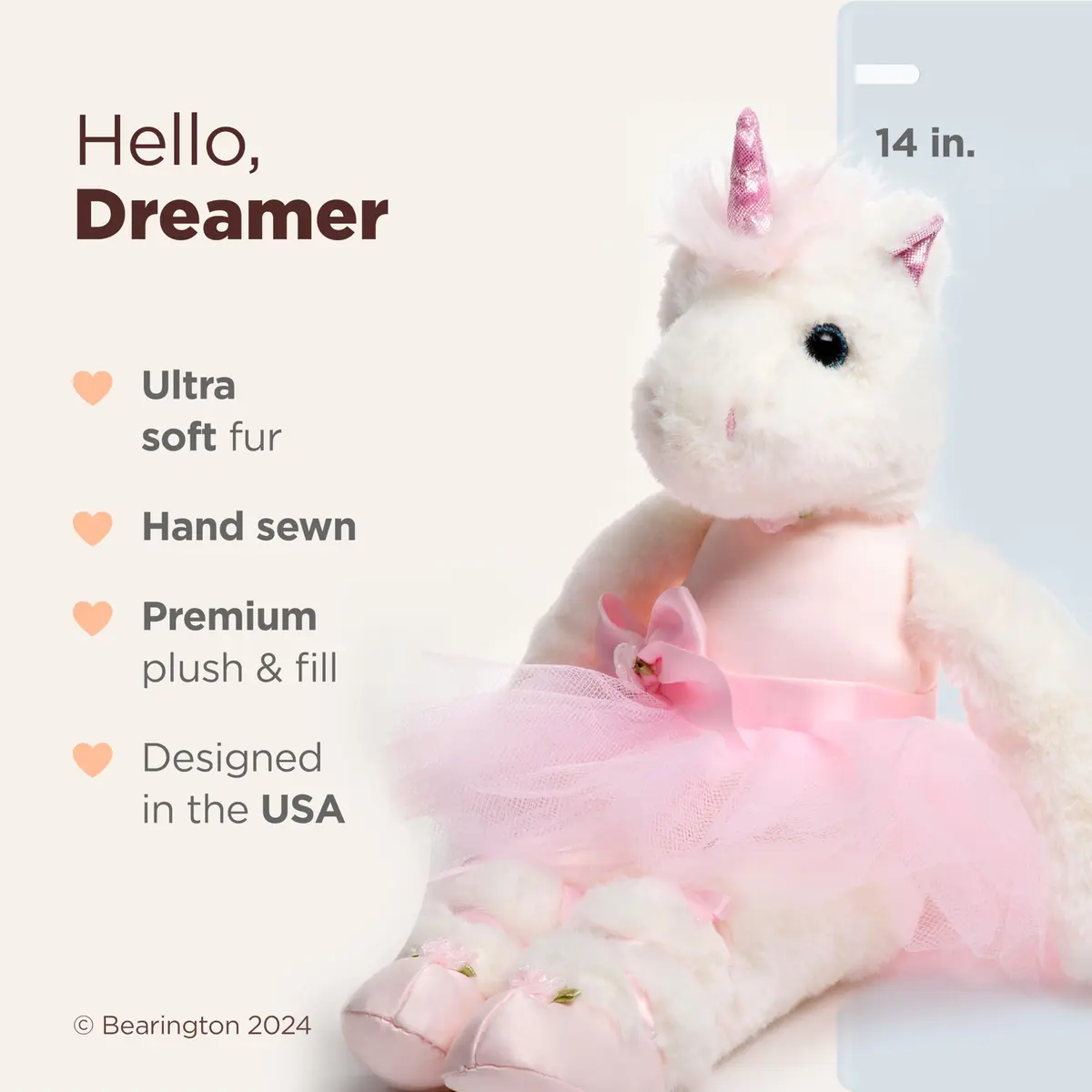 Bearington Collection Ballerina Unicorn Plush 14" | Soft, Poseable & Cuddly for Kids & Collectors - view 2